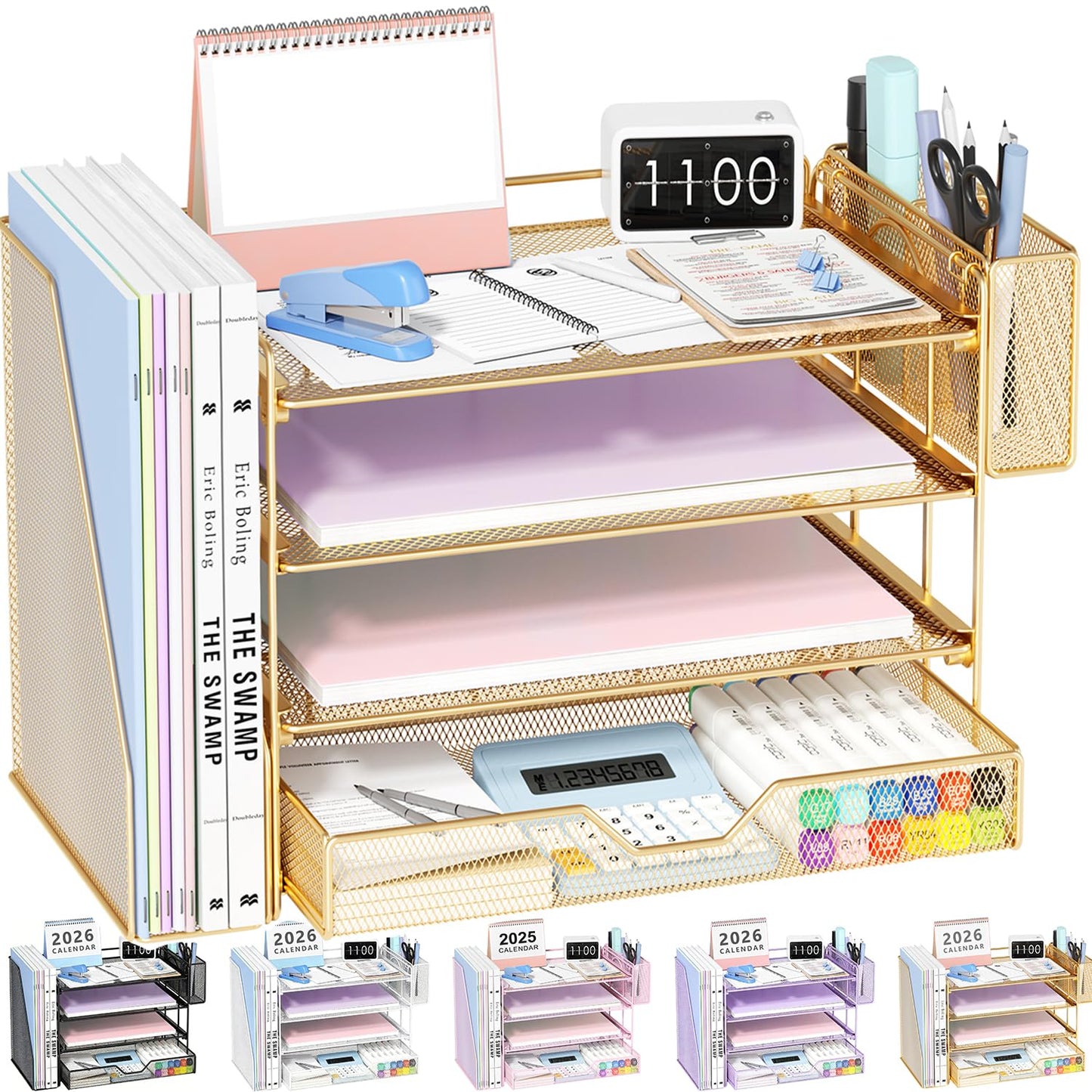 OPNICE Desk Organizers and Accessories, 4-Tier Office Desk Accessories & Workspace Organizers with Drawer and Pen Holder, Desktop Paper Tray File Organizer for Home Office Supplies, Gold