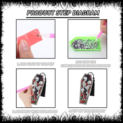 8 Pcs Gothic Skeleton Diamond Art Bookmarks Kit, Skull Halloween Diamond Painting Bookmarks with Tassels for Adults, DIY Horror Book Mark Craft Set for Women Men Reading Lovers