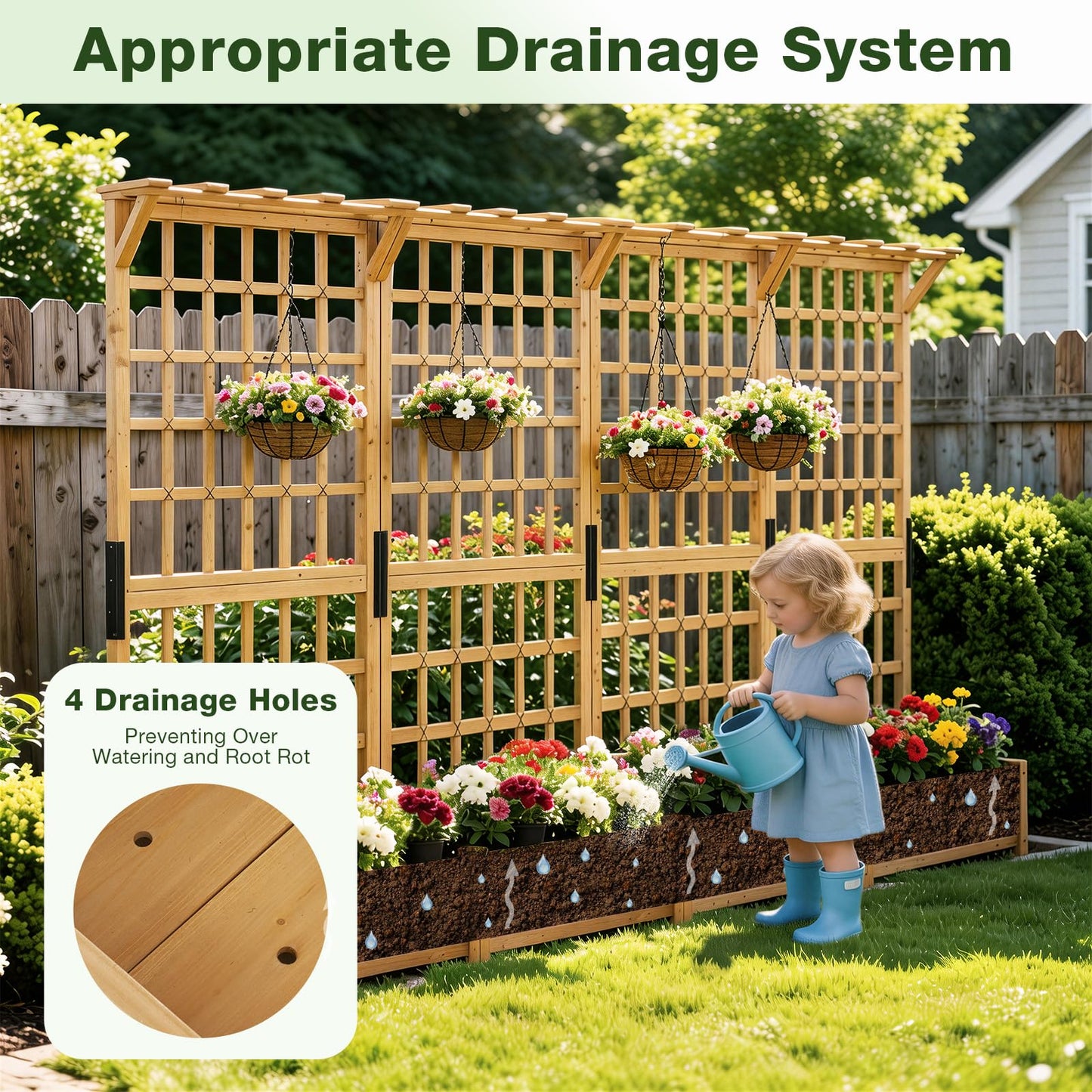 Aoxun 108" Wooden Raised Garden Bed with Trellis & Hanging Roof, 3-Piece Plant Planter Boxes for Climbing Vines, Flowers & Plants