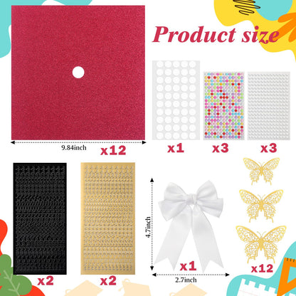 Gilprop 56 Pcs Graduation Grad Cap Decorations Kit DIY Glitter Card Stock Construction Paper Bow Artificial Flower Heads 3D Butterfly Rhinestones Letter Stickers Adhesive Dots for Grad Hat(Red)