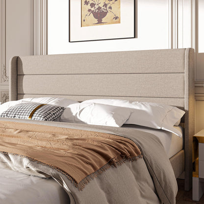 Mxhtcewz King Size Upholstered Platform Bed Frame, Modern Linen Fabric Bed with Wingback Headboard, Sturdy No Wobble, Noise-Free & Easy Assembly, No Box Spring Needed, Beige