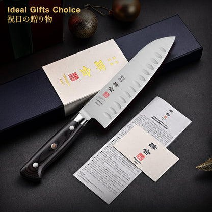 kanngou 7 Inch Santoku Knife, Japan AUS-8 Alloy Steel Japanese Knife with Full-Tang Black Pakkawood Handle, Vegetable Chopping Knife with Premium Gift Box (Classic Series)