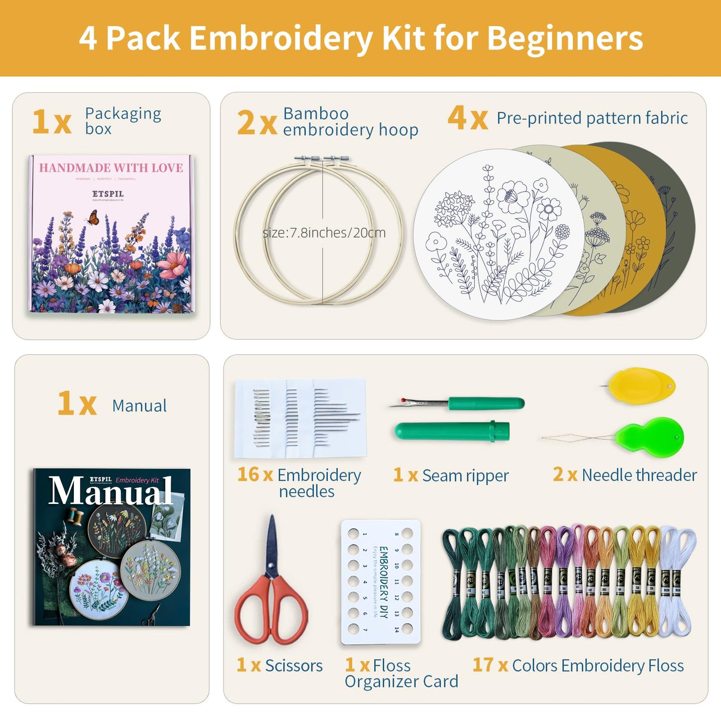 ETSPIL Embroidery Starter Kit for Adults, 2 Hoops & 4 Stamped Flower Patterns, Easy Craft for Sharing, Master 11 Stitches via 4K Videos, DIY Gift for Women, Friends and Beginners