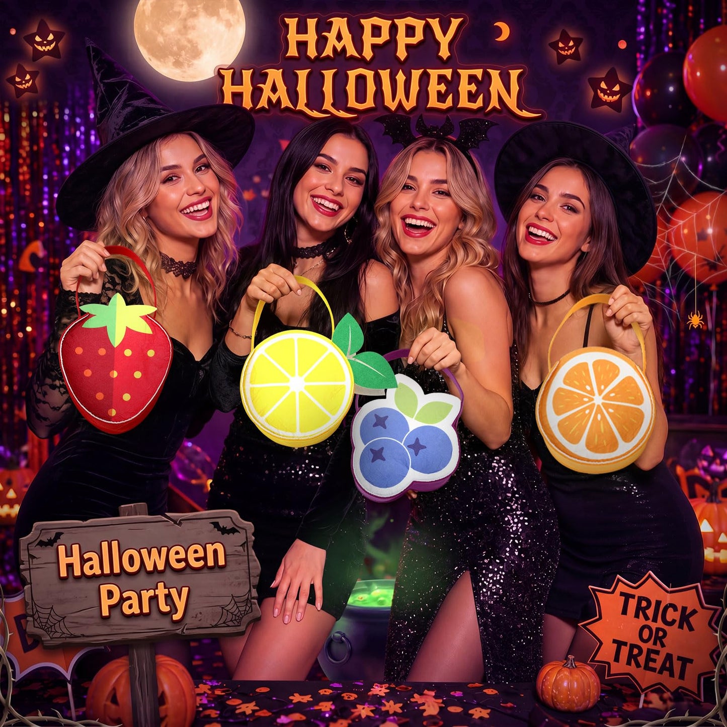 Cosblank 4 Pcs Halloween Fruit Inspired Treat Bags Orange Lemon Strawberry Blueberry Trick or Treat Bags Fruit Handbags for Group Costumes Party Favors and Home Decor