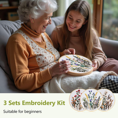 Santune 3 Pack Embroidery Kit for Beginners, Needlepoint Cross Stitch Kits for Adults,Needle Point Sets with Stamped Wild Flower Pattern Stitch Video Tutorial