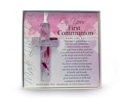 First Communion Gift for Girl, Handmade in USA Pink Mosaic Glass Cross with Sentiment