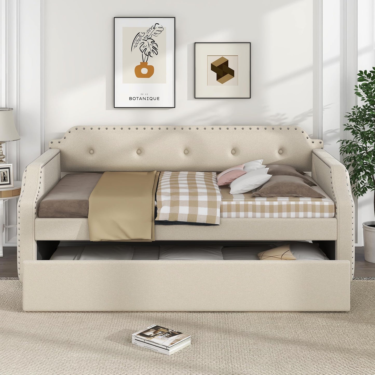 Merax Upholstered Daybed with Trundle, Wood Slat Support,Upholstered Frame Sofa Bed, Twin, Beige