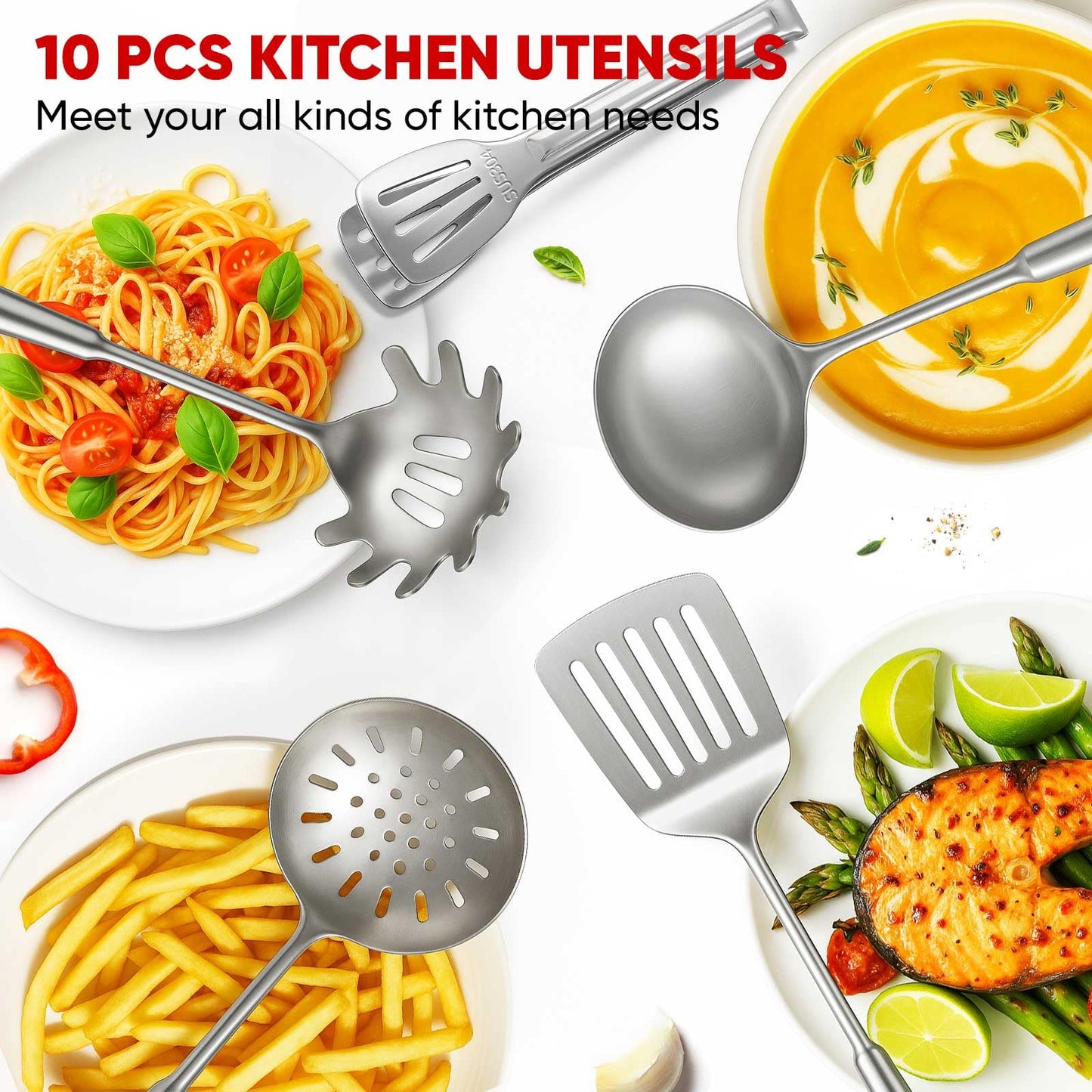 5 Pcs Newness Cooking Utensils Set, 304 Stainless Steel Kitchen Utensils Set, Metal Kitchen Accessories, Include Soup Ladle, Slotted Skimmer Spoon, Spaghetti Spoon and Spatula, Dishwasher Safe