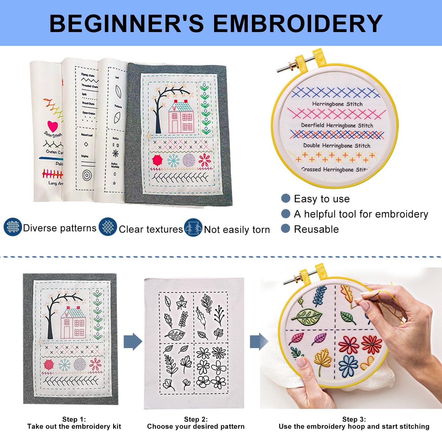Losaria 100 PCS Complete Embroidery Stitch Kit with Includes Step-by-Step Instructions, Hoops, Threads, Needles & Fabric, All-in-One Portable Starter Set for Adult Beginners & DIY Craft Enthusiasts