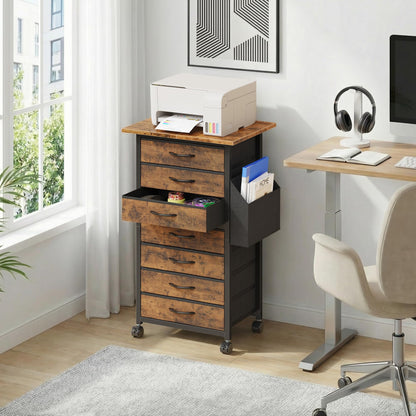 HIGDBFE 7 Fabric Drawers File Cabinet with Side Pocket, Rolling Printer Stand with Storage for Home Office, Wood Top Storage Cabinet for Documents and Crafts, Rustic Brown, 15" D