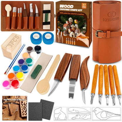 Wood Carving Kit, 37pcs Wood Carving Tools with 12 Color Paint, Wood Whittling Kit with 4pcs Templates & Users Guide for Beginners37Pcs Wood Carving Kit with Storage Bag
