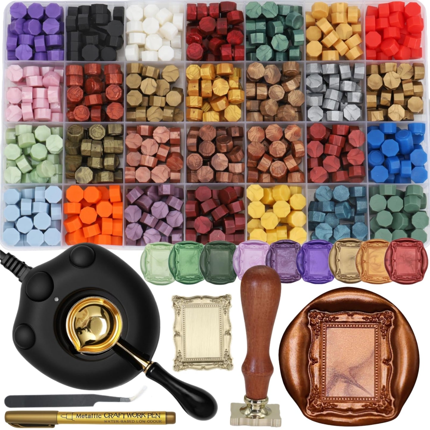 Frame Seal Stamp Kit, 728 Pcs Sealing Wax Beads Set with Electric Wax Seal Warmer Melting Furnace, Frame Waxstamp, Gold Melt Pen, Tweezer (K001)