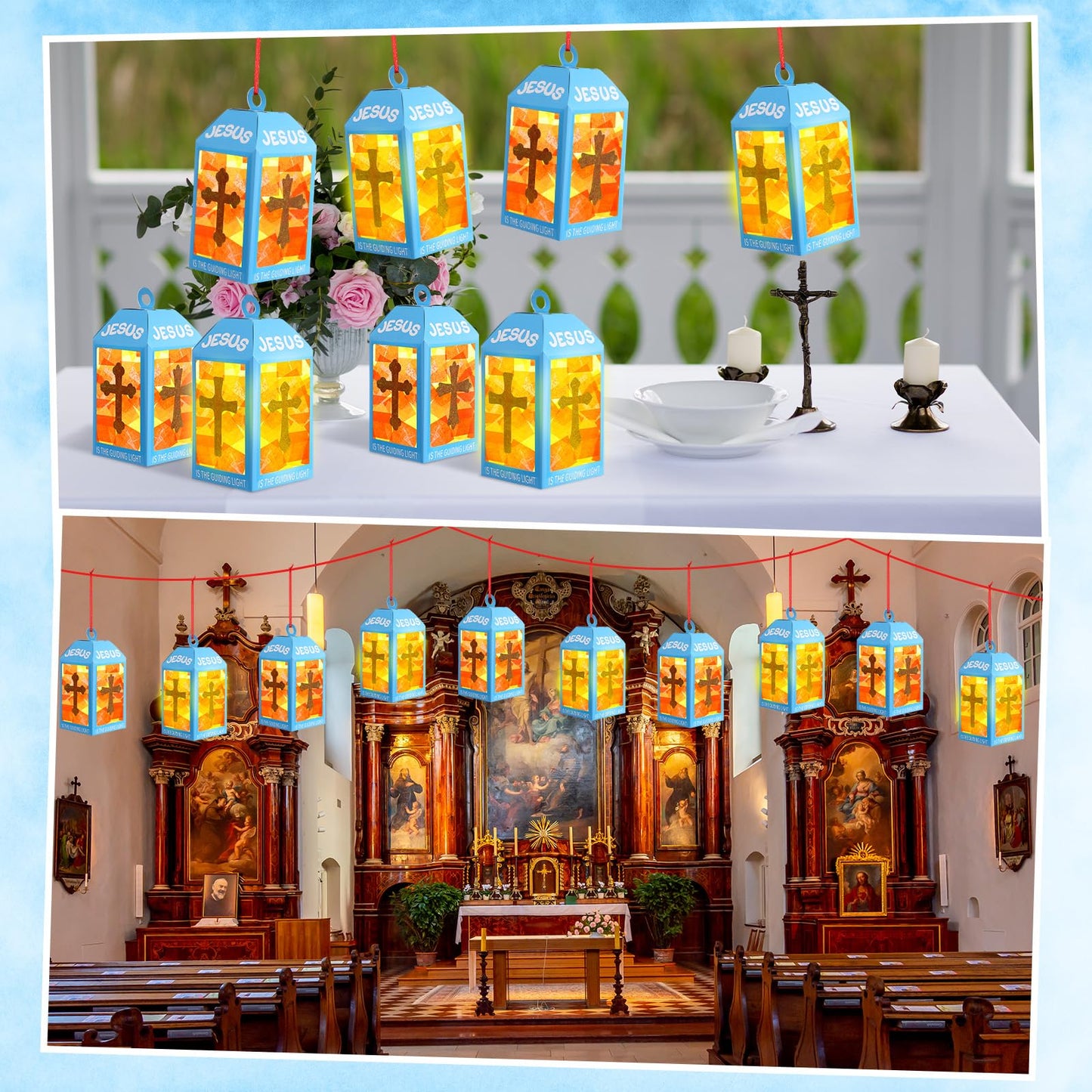 Simgoing 12 Religious Cross Lanterns Crafts with LED Candles Lights Jesus Lights The Way Sunday School Tissue Paper DIY Oil Lamp Cross Hanging Ornament Vsb Church Activity