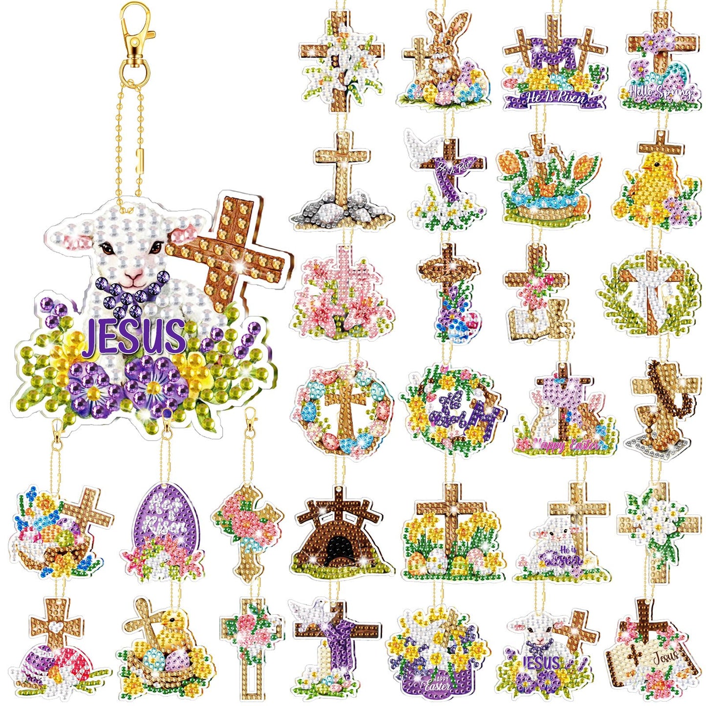 WILLBOND 30 Pcs Easter Diamond Art Keychain Kits He is Risen 5d DIY Double Sided Diamond Painting Keychain Religious Christian Cross Hanging Ornaments for Adults Beginners Key Ring Pendant Crafts