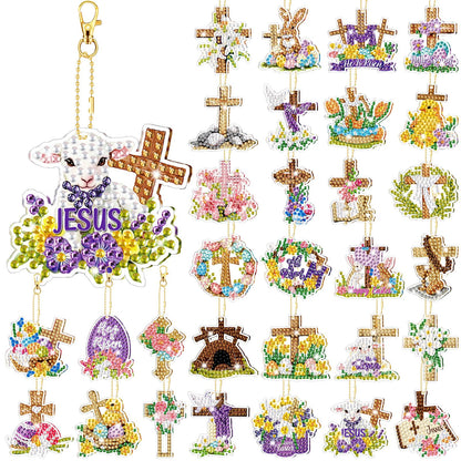 WILLBOND 30 Pcs Easter Diamond Art Keychain Kits He is Risen 5d DIY Double Sided Diamond Painting Keychain Religious Christian Cross Hanging Ornaments for Adults Beginners Key Ring Pendant Crafts
