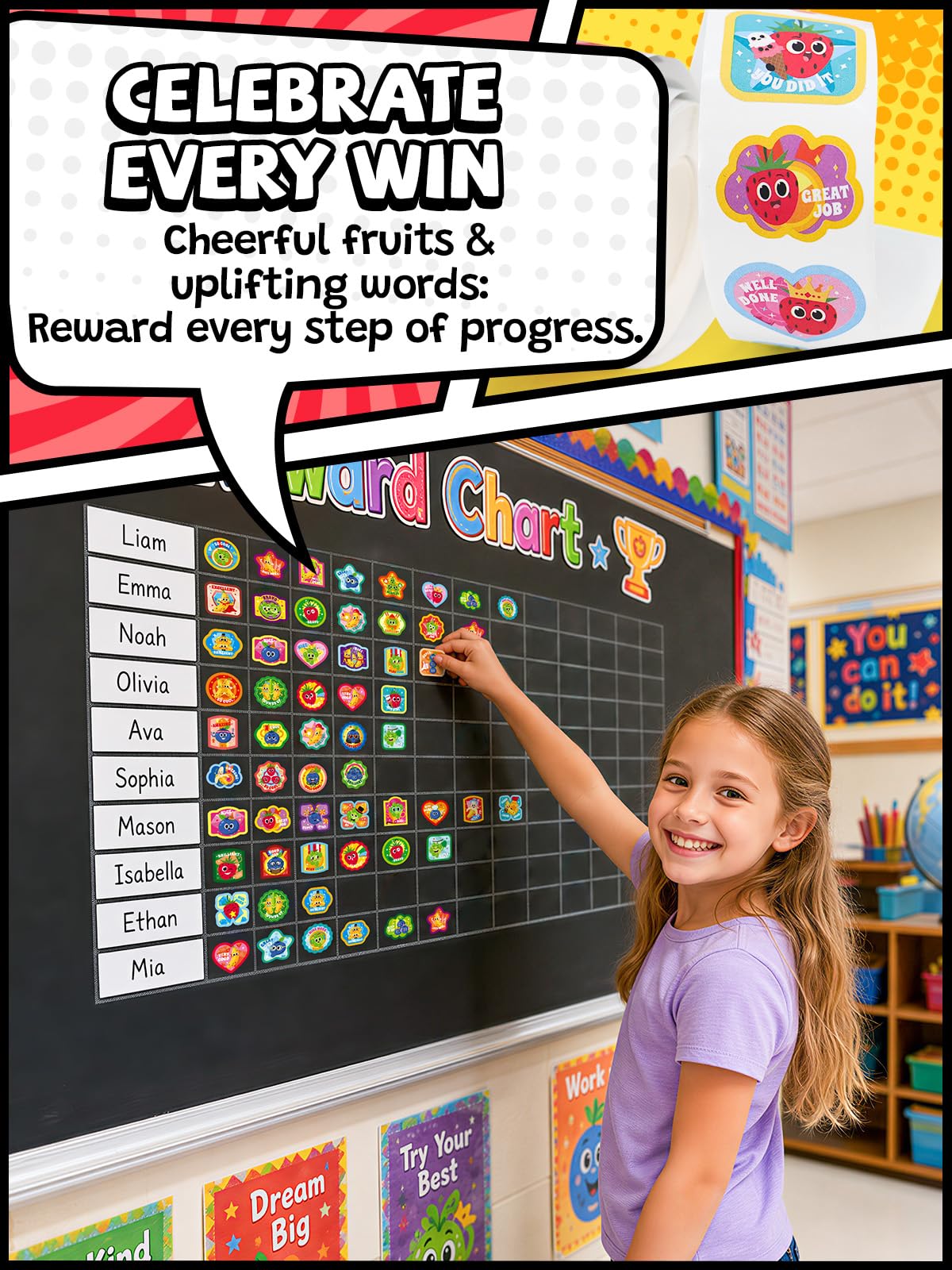 HORIECHALY Scratch and Sniff Reward Stickers for Kids, 4 Rolls 1200 PCS 4 Scent Smelly Stickers Fruit Theme, Positive Reward for Classroom, Teacher, Students