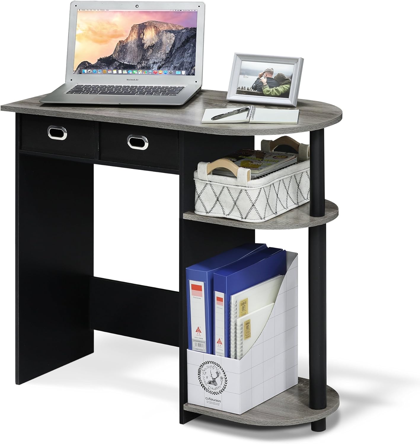 Furinno Go Green Home Laptop Computer Desk/Table with 2 Drawer Bins, French Oak Grey/Black