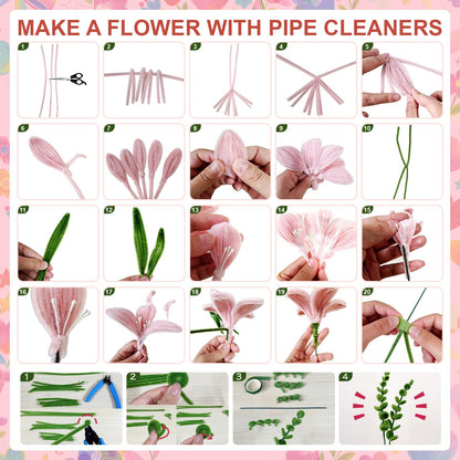 650PCS Pipe Cleaners Bulk, Pipe Cleaners Craft 7 Colors Chenille Stems Flower Kit with Floral Wires, Tape, Stamens, Wrapping Paper for DIY Bouquet & Gifts (Pink)