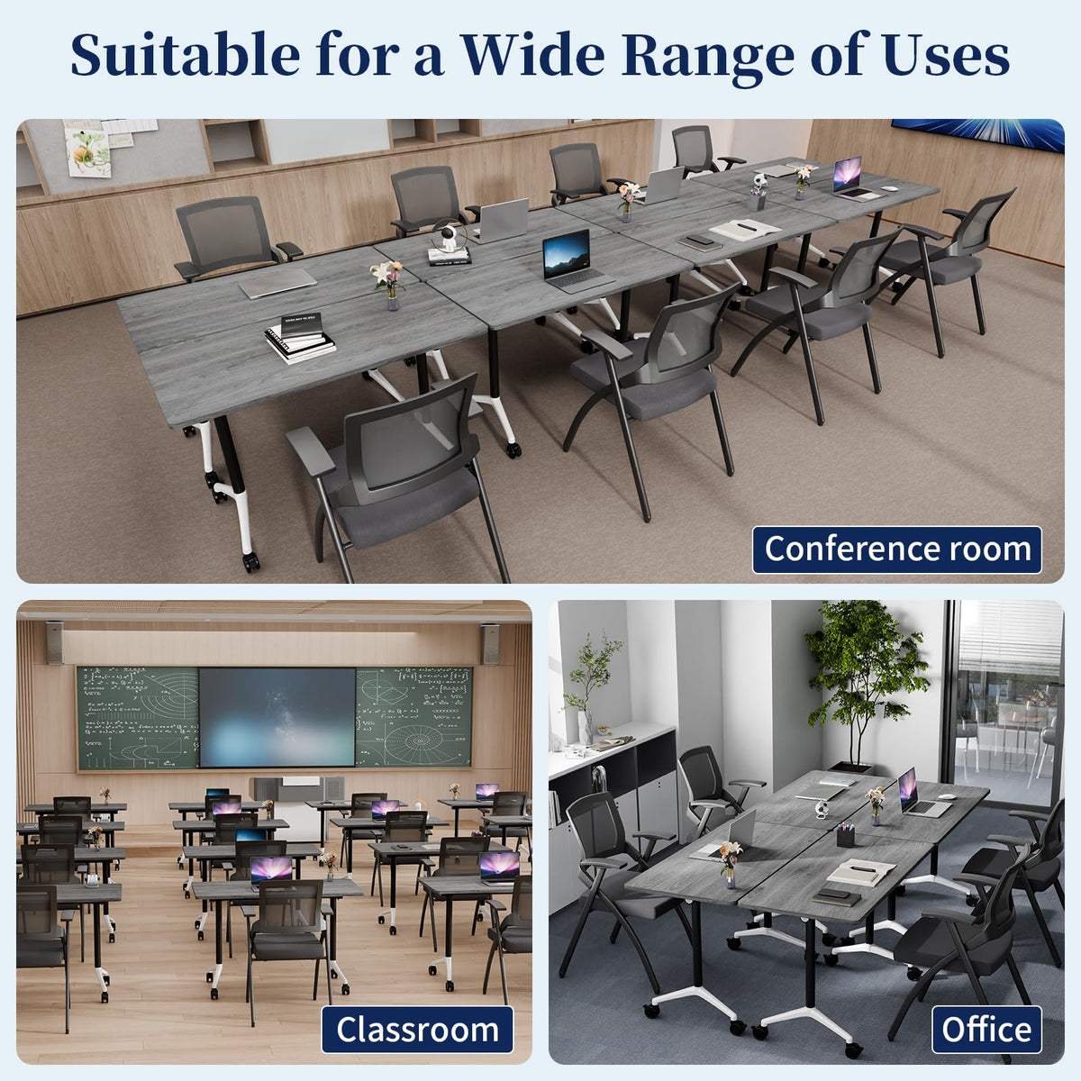 Modular Folding Conference Table with Wheels,6 Pack Mobile Conference Room Tables,Filp Top Rolling Meeting Training Tables for Office,Classroom,Library,Seminar,Boardroom,school(6pack,Grey,47in)
