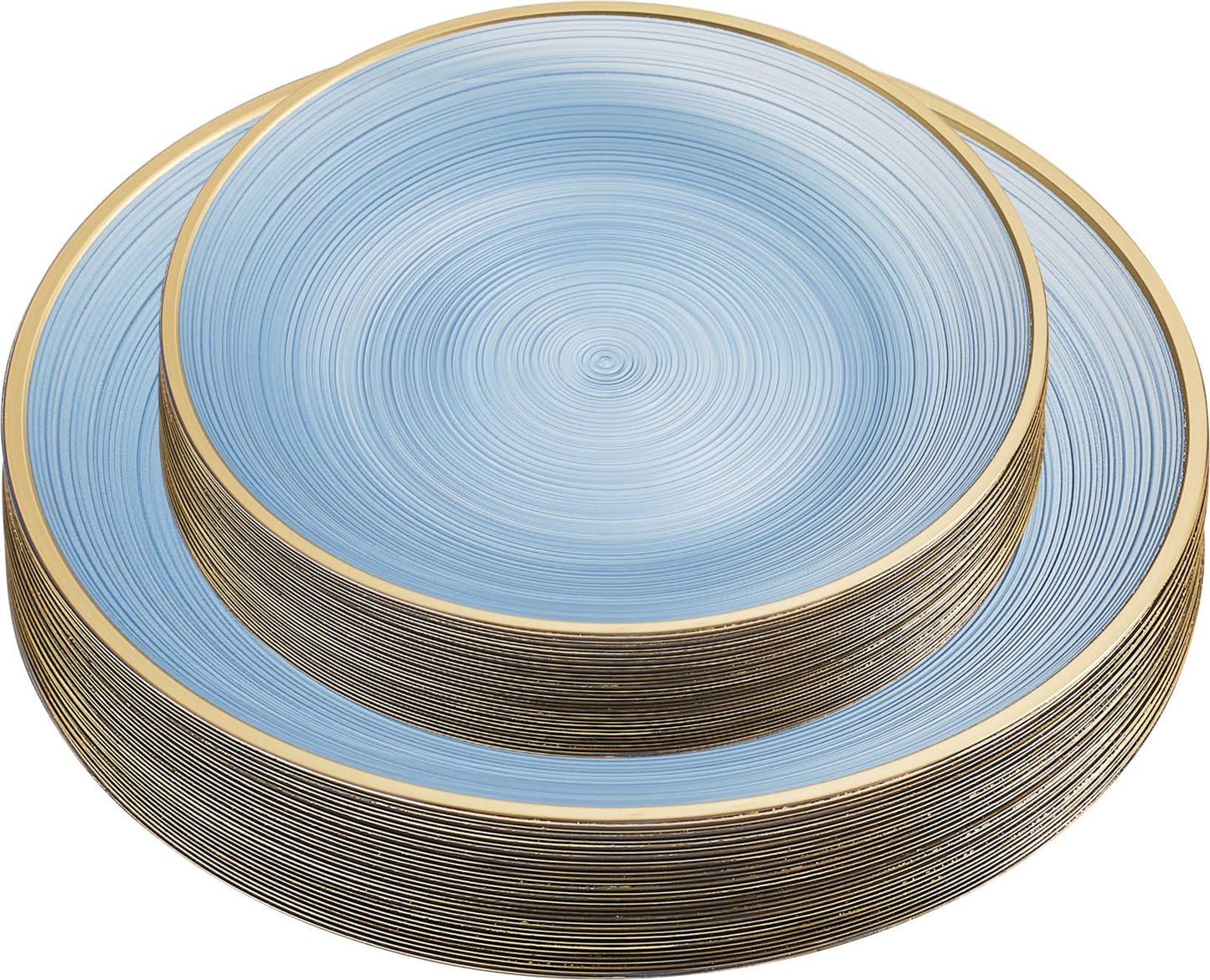 PLASTICPRO 32 Pieces Crystal Design Plastic Plates Combo Pack 7 inch and 10 inch Gold Rim Elegant Disposable Plates, Transparent Blue