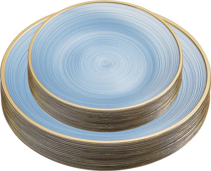 PLASTICPRO 32 Pieces Crystal Design Plastic Plates Combo Pack 7 inch and 10 inch Gold Rim Elegant Disposable Plates, Transparent Blue
