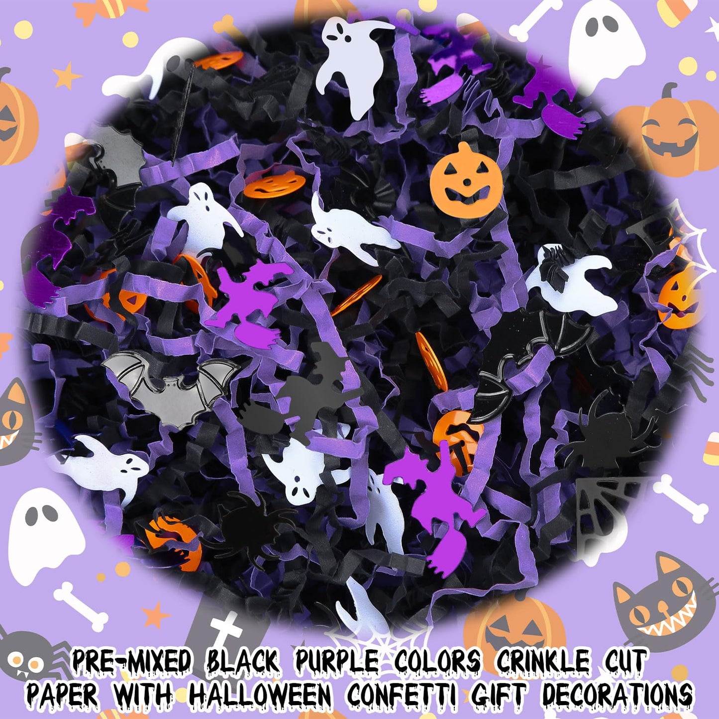 Jansun 1LB/16oz Halloween Crinkle Cut Paper, Black Purple Shred Filler Grass with Pumpkin Spider Bat Witch Ghost Confetti for Halloween Bakset Gift Box Bag Wrapping Basket Filling Party Decorations