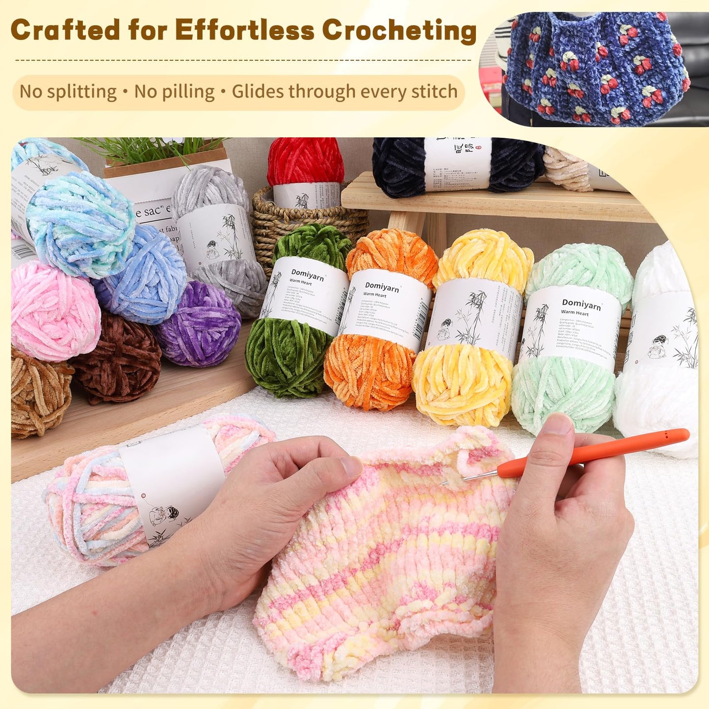 Reessy Velvet Chenille Yarn Pack – 6 Skeins × 100g Super Bulky (CYC #6) – Soft Velvet Chunky for Crocheting & Knitting, Fluffy Chenille Yarn for Blankets, Scarves & Crafts (White)