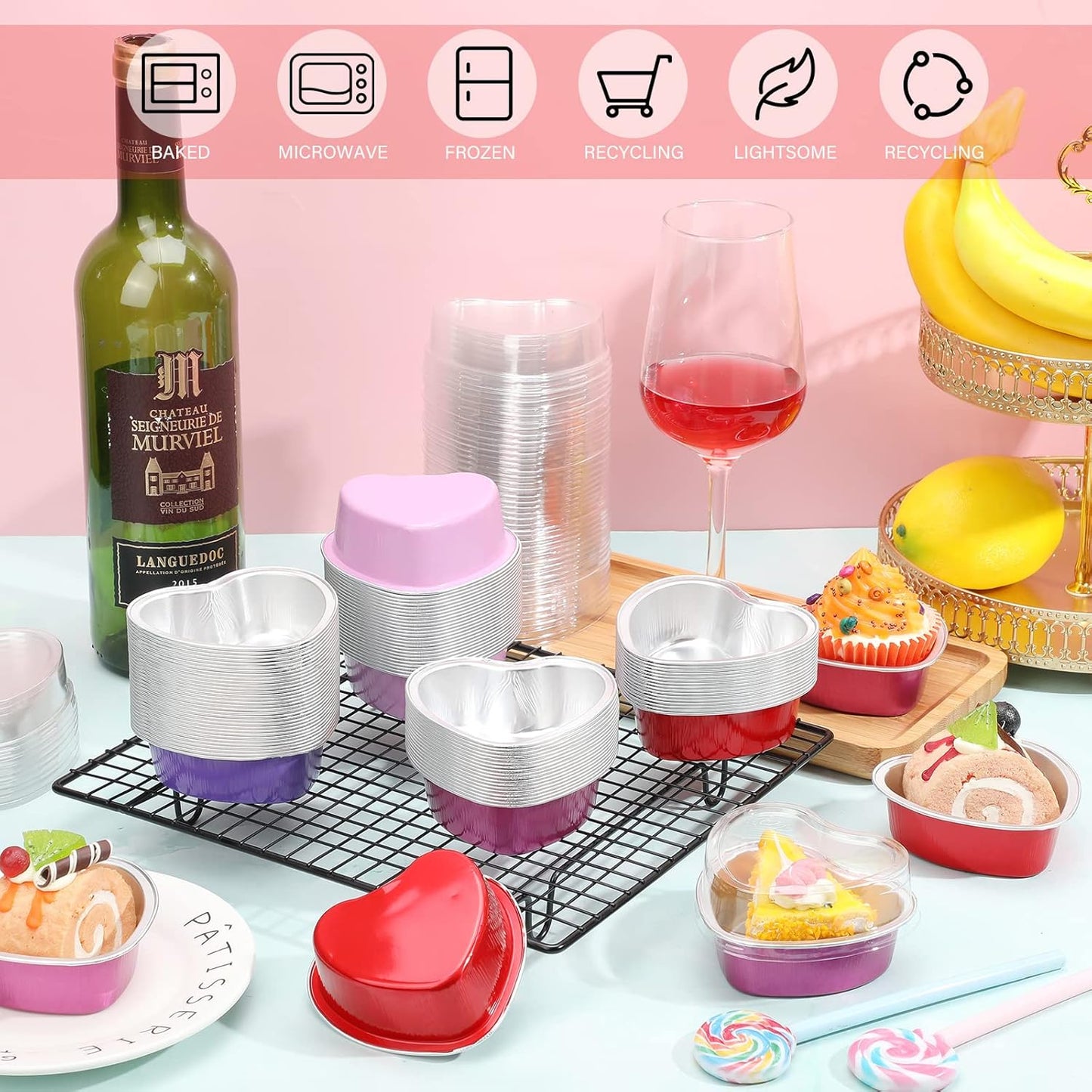 Honeydak Heart Shape Cake Pan, Aluminum Foil Mini Cake Cup with Lids, 100ml Disposable Baking Cups, 3 Colors (48 Sets)