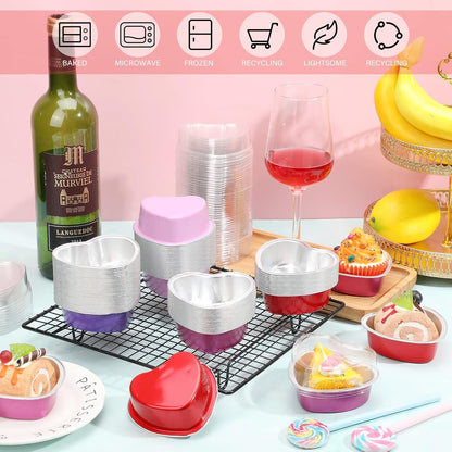 Honeydak Heart Shape Cake Pan, Aluminum Foil Mini Cake Cup with Lids, 100ml Disposable Baking Cups, 3 Colors (48 Sets)