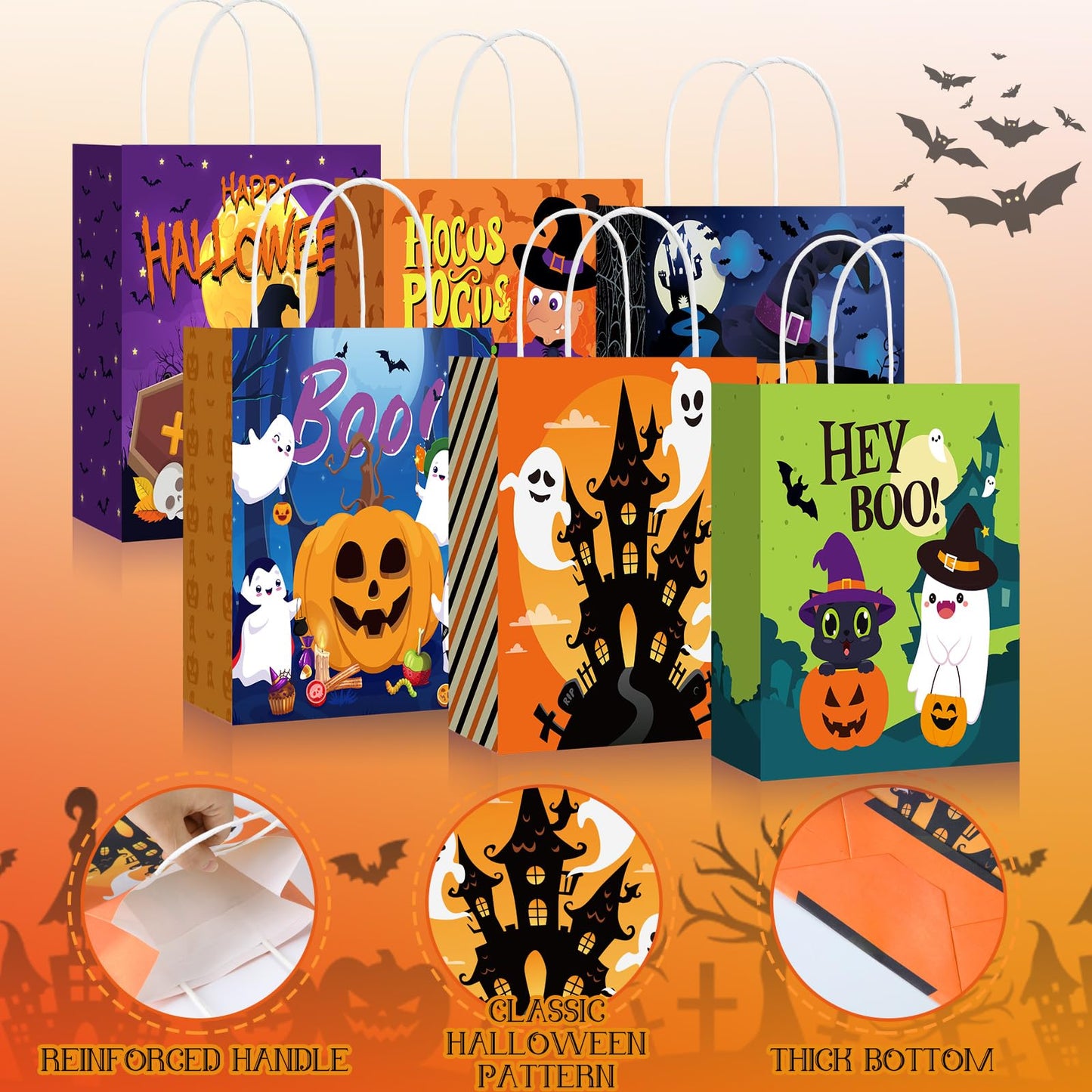 Yeaqee 48 Pcs Halloween Treat Bags Paper Gift Bags with Handles for Candy Snack Goodie Summer Halloween Party Favor Supplies(Cartoon)