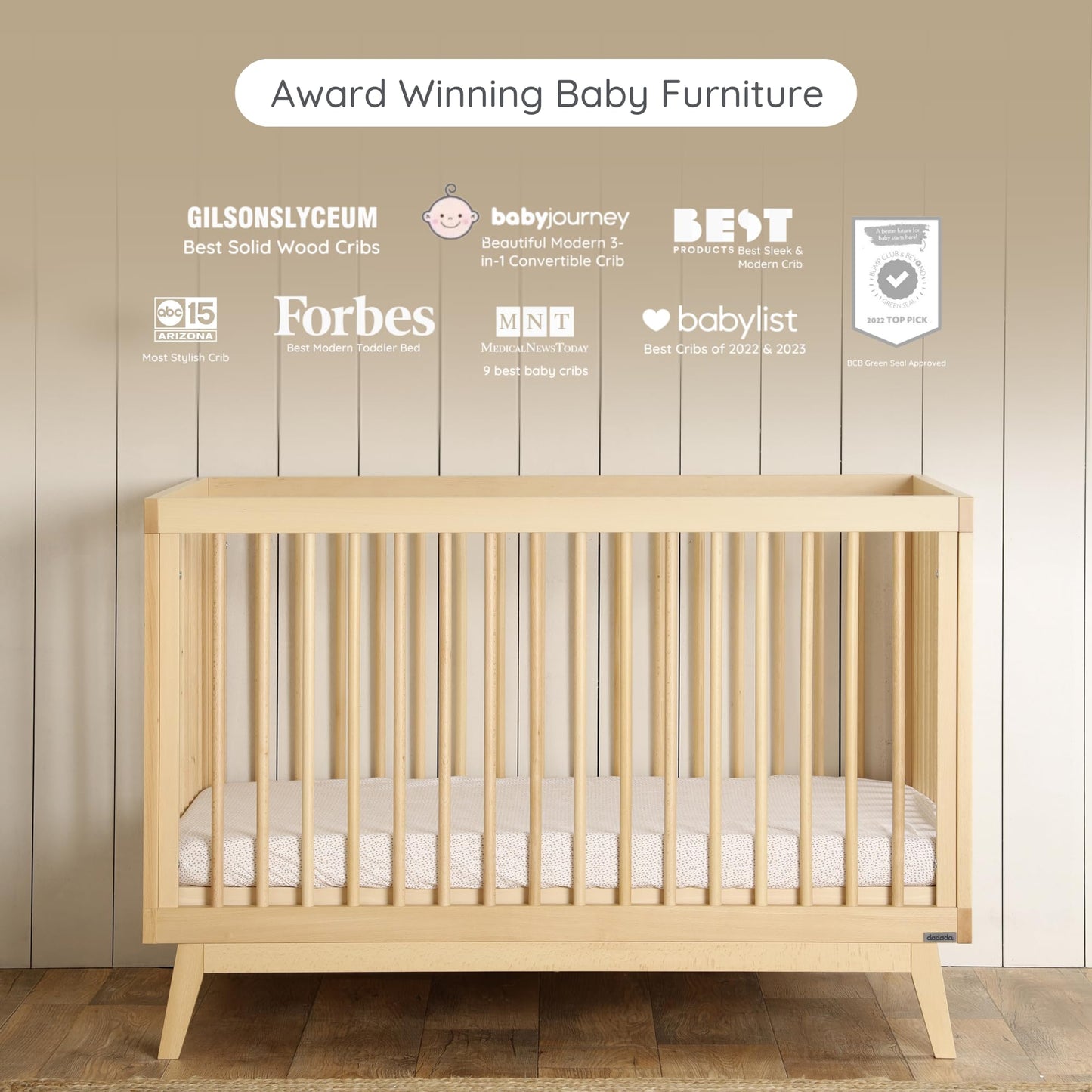 dadada Baby Soho 3-in-1 Convertible Wooden Crib to Toddler Bed - Made in Italy, GREENGUARD Gold Certified, Baby-Safe Finish, Handcrafted Beechwood, Modern Design, 3 Adjustable Heights (Natural)