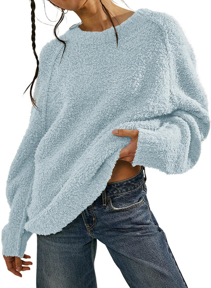 Beaully Women's Oversized Long Sleeve Crewneck Fuzzy Knit Warm Sweaters 2025 Fall Pullover Sweater Tops