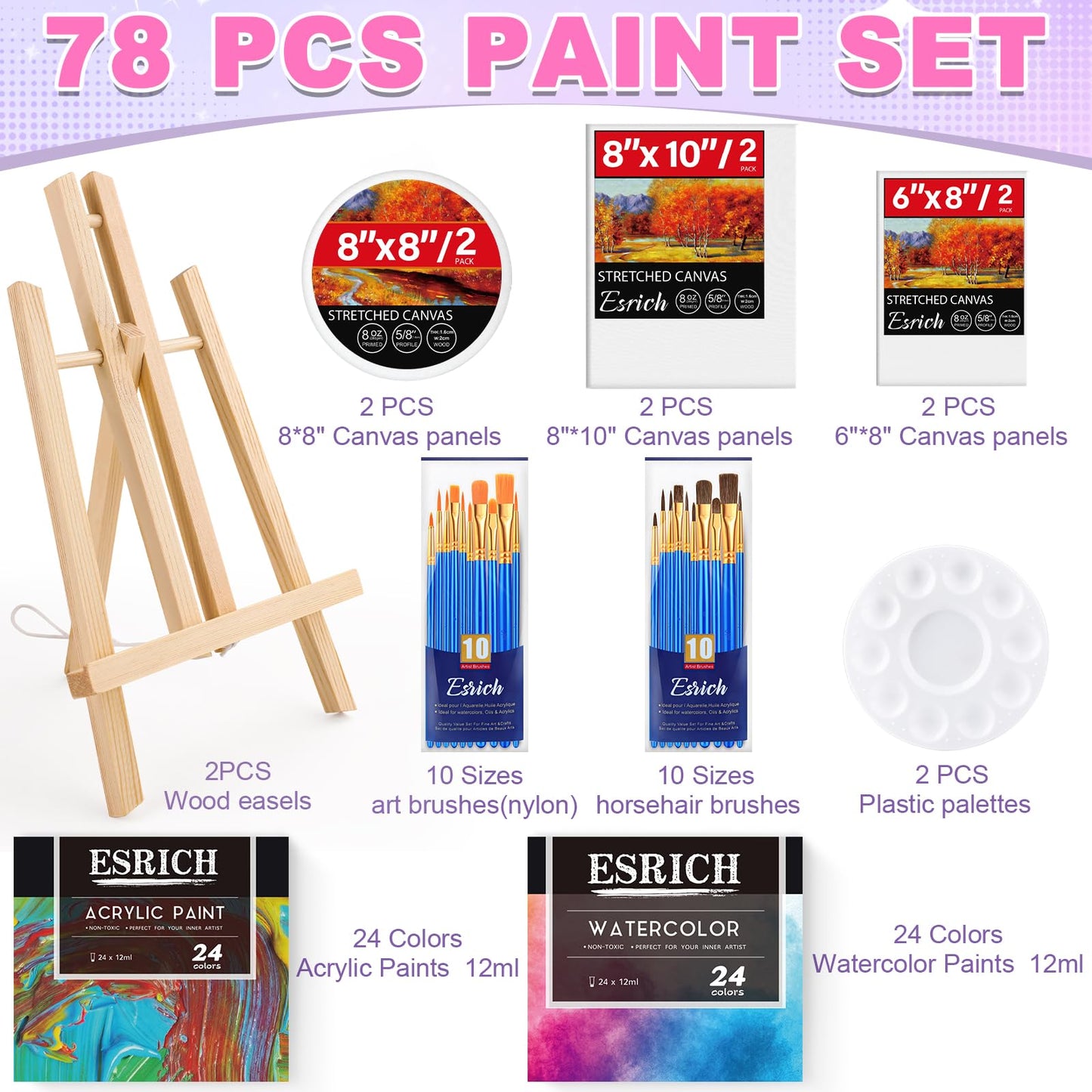 ESRICH 78PCS Acrylic Paint Set with Wood Easel, Paint Brushes, Canvases, Art Painting Supplies Kit for Kids, Students, Artists and Beginners