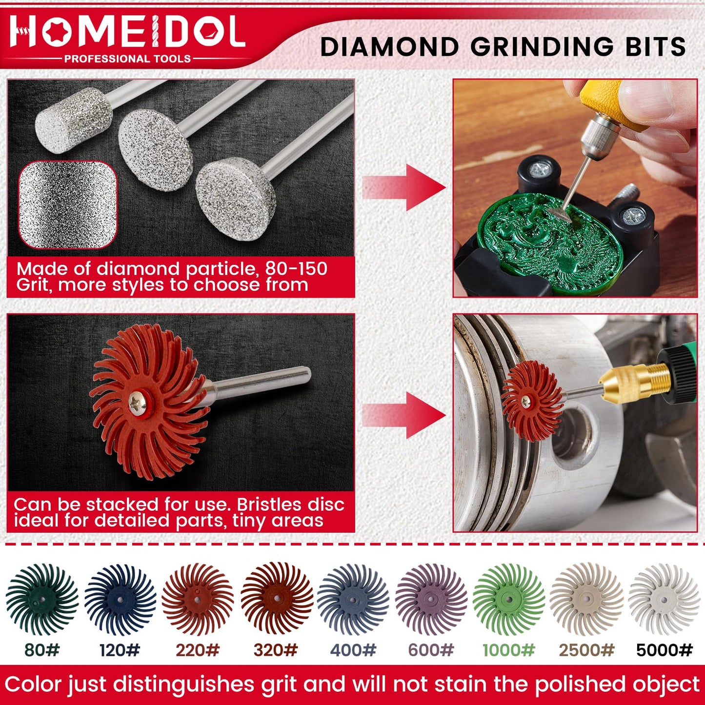 51Pcs Diamond Bits for Dremel Tool Accessories, HOMEIDOL Polishing Kits, 1" Radial Bristle Disc with 3/32", 1/8" Shank Rotary Tool Bits Diamond Grinding Bits for Stone Ceramics Metal Sanding