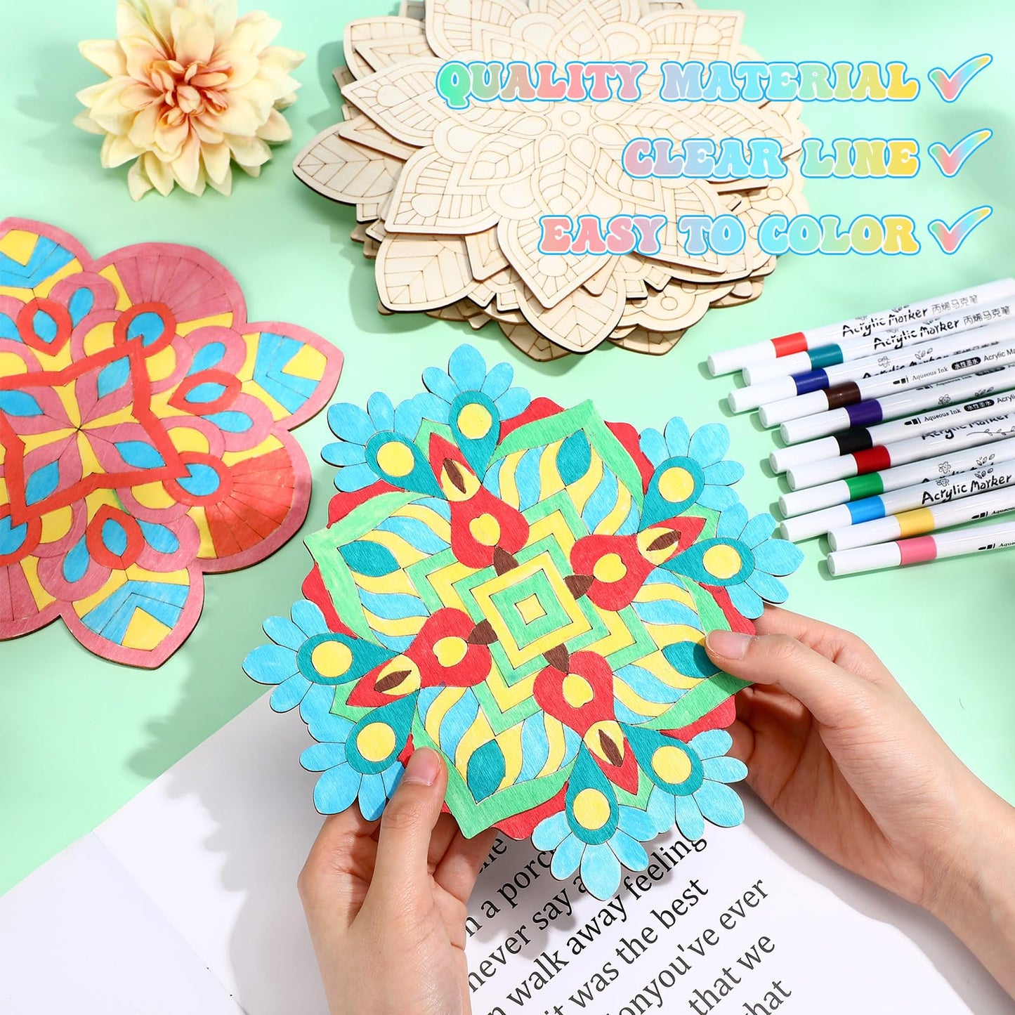 Vercraft 22 Pack DIY Wooden Mandala Art Set Diwali Crafts 10 Mandala Unfinished Wood Cutouts 12 Markers Lotus Flower Wood Painting Kits for Adults Painting, DIY Crafts Home Decors(Floral Style)
