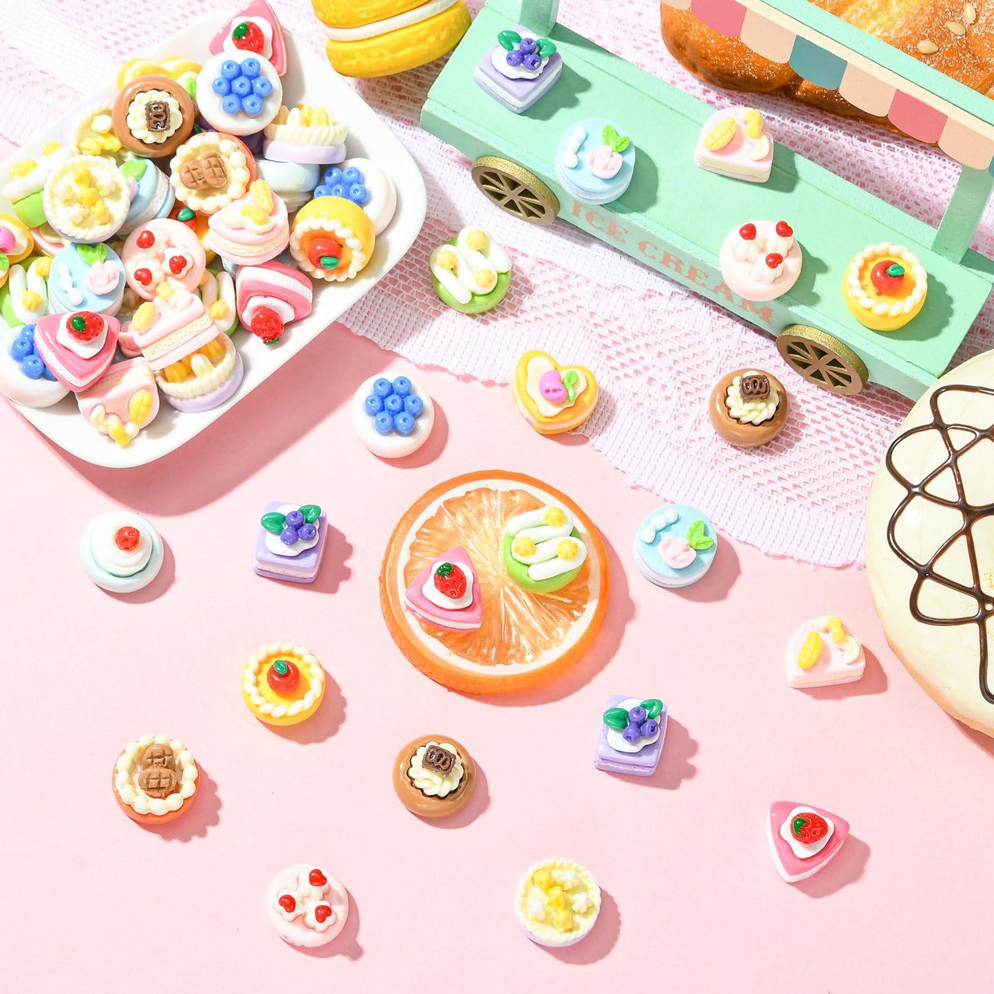 LiQunSweet 100 pcs Mixed Styles Miniature Figurines Imitation Cake Resin Ornament Mini Dessert Food No Hole Beads Display for DIY Jewelry Embellishment Craft Home Office Desk Decor
