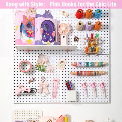 HUHOLE 50-Pack Pink Pegboard Hooks 2 Inch, Decorative Metal Peg Board Hangers with Rubber Safety Tips, Fits 1/8" & 1/4" Boards, Heavy Duty Organizer for Craft Room, Nursery, Garage & Retail Display