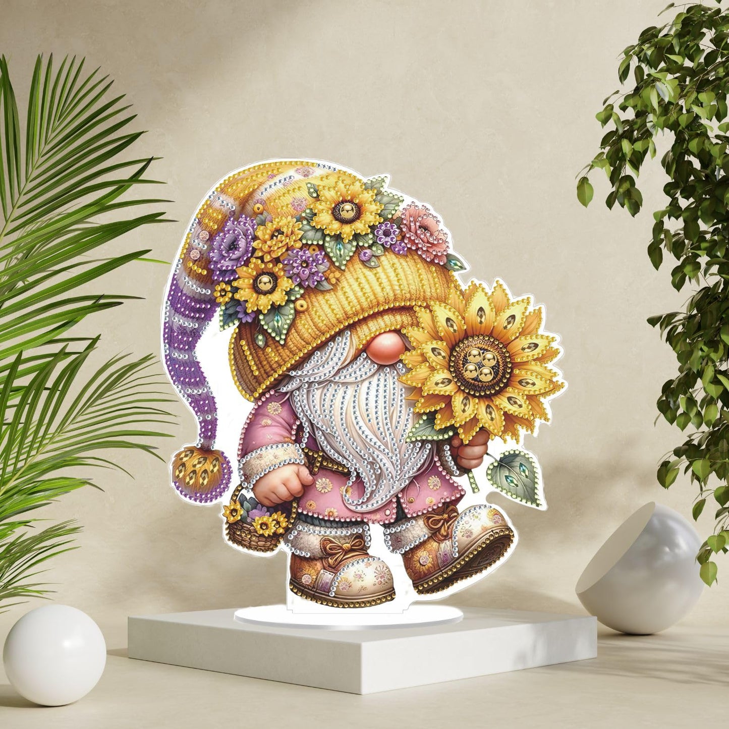 Bloomthread Diamond Art Painting Kit - Gnome and Sunflower Partial Drill Diamond Painting Ornament Single Sided for Adult Beginner, DIY Craft Kit for Holiday Gift (Gnome)