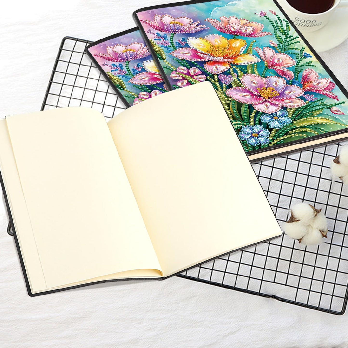 JISHSHAY Diamond Painting Notebook Journal Diamond Art Note Book Gem Art Sketch Book Gem Painting Diary Mosaic Kits for Adults Blank Notebook with Special Drills 14.5×21cm/5.7×8.26in Flower