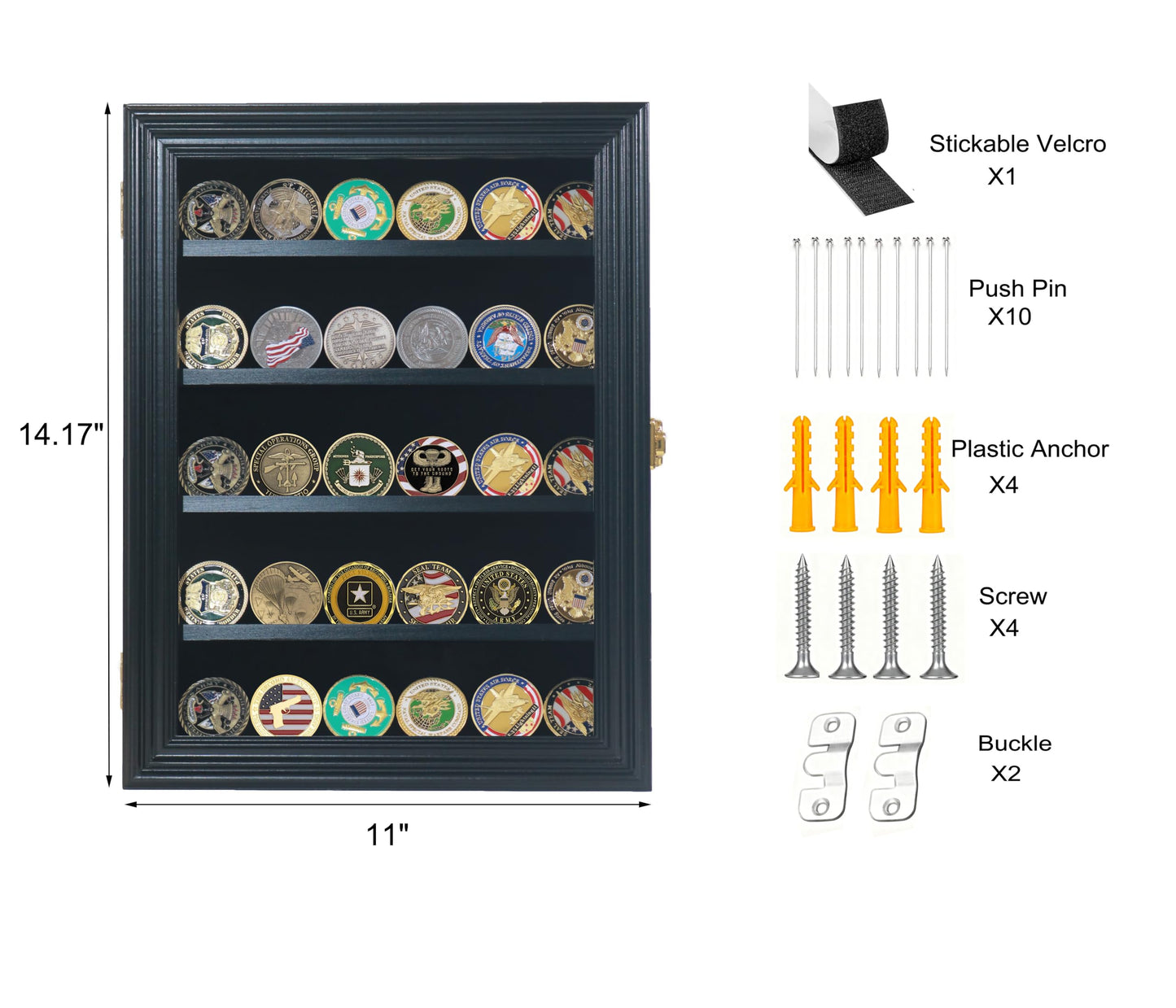 Military Challenge Coin Display Case with Medals Display 11x14IN Shadow Box with HD Toughened Glass, Wall Mount & Removable 2 Grooves Shelves, Coin Holder for Souvenirs, Solid Wood Frame