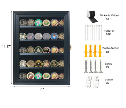 Military Challenge Coin Display Case with Medals Display 11x14IN Shadow Box with HD Toughened Glass, Wall Mount & Removable 2 Grooves Shelves, Coin Holder for Souvenirs, Solid Wood Frame
