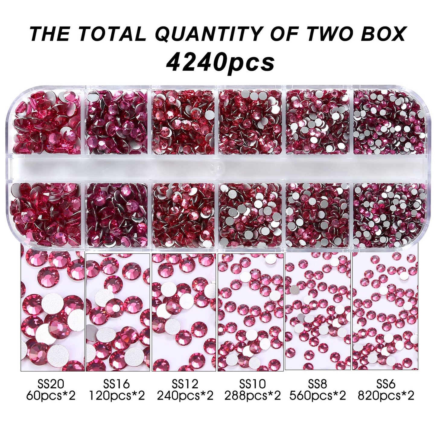 Meibite Rose Glass Flatback Rhinestones for Nails, Crafts & Clothes – 4240PCS 6 Sizes (SS6–SS20) Crystal Gems Kit with Tweezers & Picker, Non Hotfix DIY Rhinestones for Tumblers, Shoes, Nail Art
