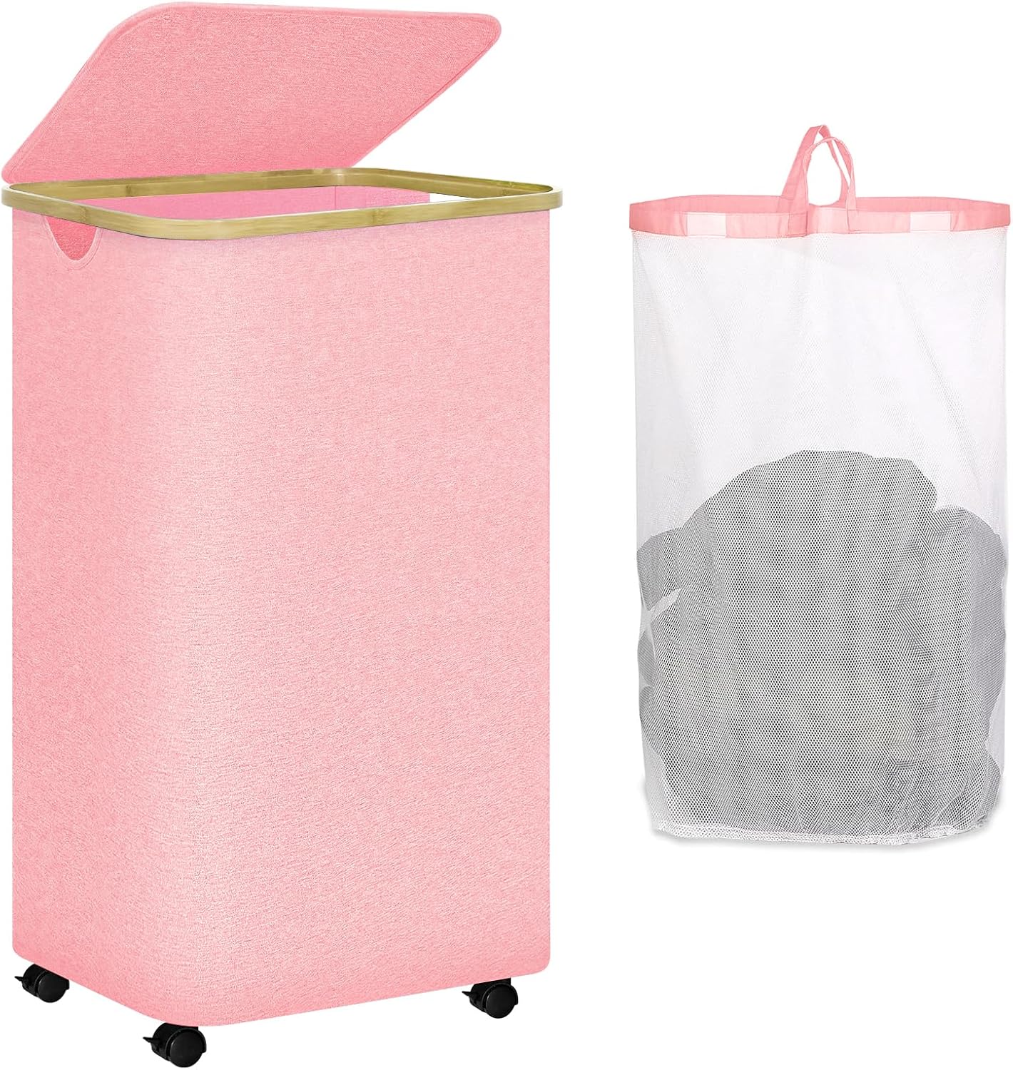 conglow 100L Pink Hamper with Wheels - Large Laundry Hamper with Lid, Rolling Hamper on Wheels, Collapsible Laundry