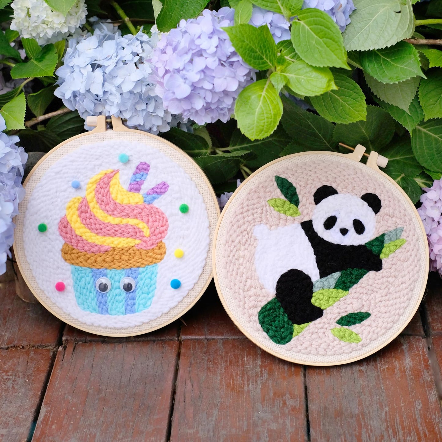 HAND U JOURNEY Punch Needle Beginner DIY Kit – 18 Colors Yarn, 2 x 8.4 Hoops with Panda & Cupcake Patterns, Punch Tool, Skill Guide, and 1 Blank Monk's Cloth for Creative Embroidery Craft
