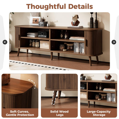 Merax 70 Inch Mid Century Modern TV Stand for TVs up to 80", Fluted Entertainment Center with Ample Storage & Sliding Doors, Curved Design Media Console for Living Room, Solid Wood Legs, Walnut