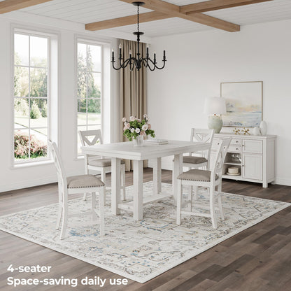 Signature Design by Ashley Robbinsdale Farmhouse Distressed Counter Height Dining Extension Table with Trestle Base, Planked Effect and 2 Removable End Leaves, White