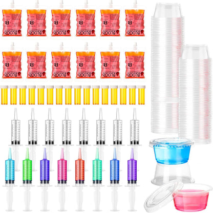 120 2 oz Uiifan Pcs Halloween Party Supplies Blood Bags for Juices Jelly Syringes Cups with Lids Pill Candy Bottles