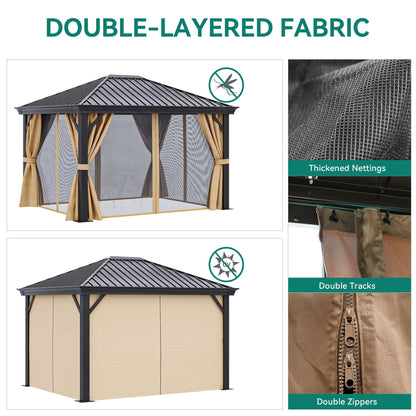 YITAHOME 10X12FT Hardtop Metal Gazebo Single Top Outdoor Patio Canopy Galvanized Iron Aluminum Column Garden Tent Curtains Netting for Backyards Decks Lawns,Brown