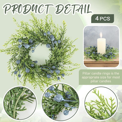 4 Pcs 3” Blueberry Candle Rings Spring Wreaths Mini Berries Table Centerpieces Wreaths Farmhouse Green Small Wreath for Pillars Kitchen Cabinet Front Door Porch Wall Decoration