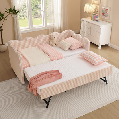 KEIKI Twin Size Upholstery Daybed with Trundle and USB, Twin to King Design Adorable Wave Shaped Extendable Linen Sofa Bed, Easy Assembly, No Box Spring Required, for Living Room and Bedroom, Pink